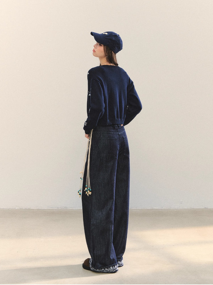 Embroidered Belt High-Waist Straight Pants