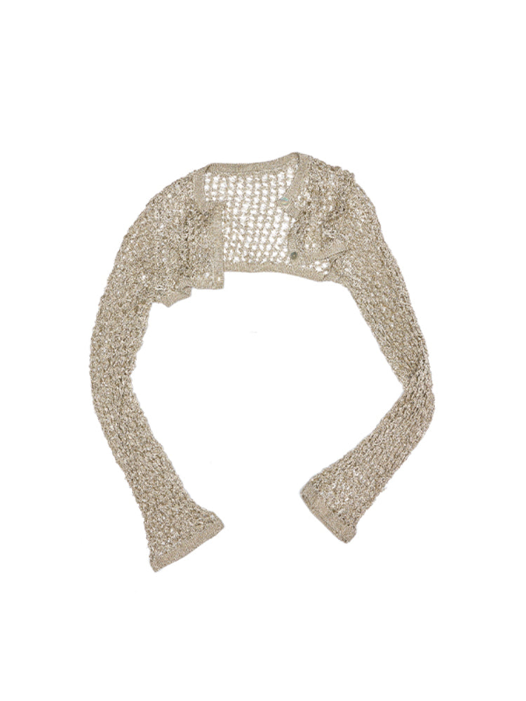 Hollow-Out Knitted Cropped Long-Sleeve Cover-Up - CHINASQUAD