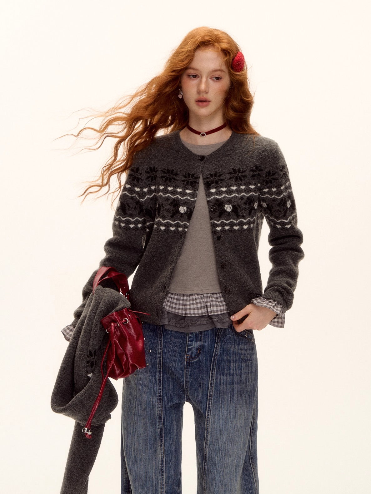 Fair Isle Wool-Blend Knit Cardigan & Scarf Set