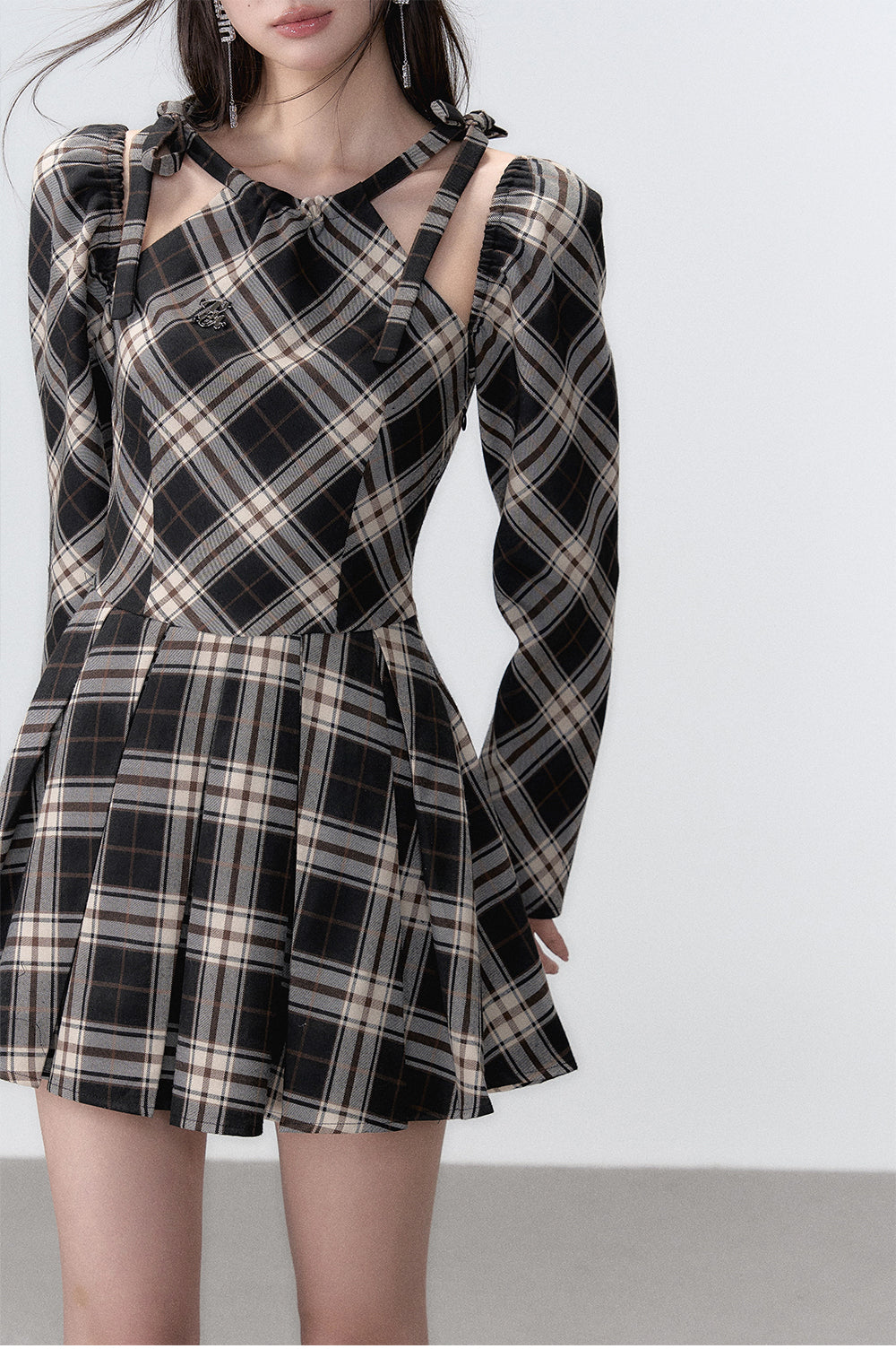 Black Plaid A-line Halter Mini Dress - CHINASQUAD