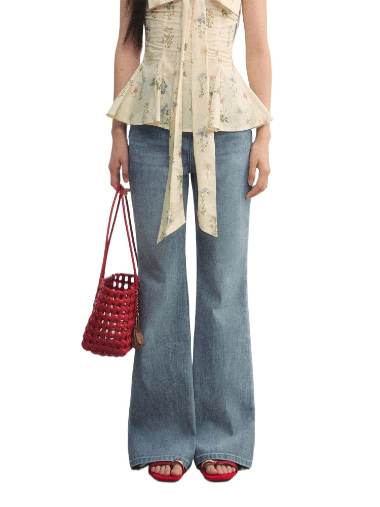 Washed Blue Slim-fit Micro-flare Jeans - CHINASQUAD
