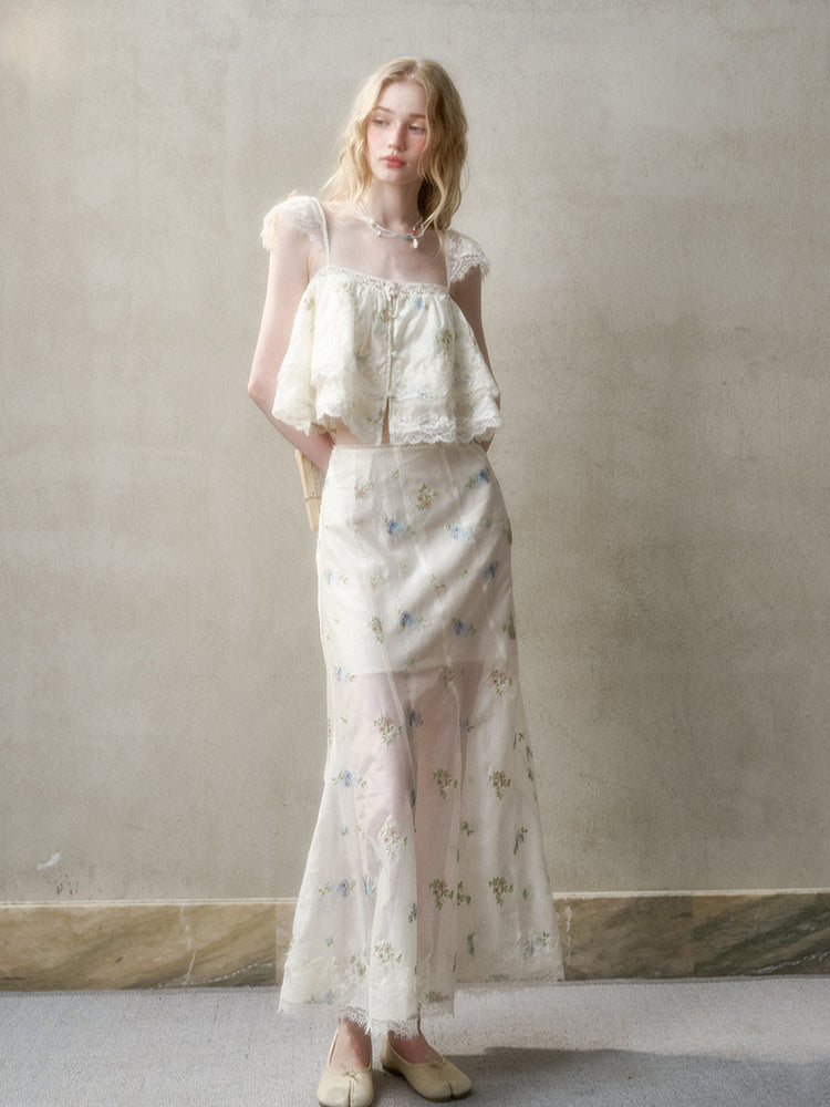 Lace Embroidery Flower French - Style Shirt & Skirt Set - CHINASQUAD