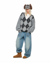 Argyle V-Neck Loose Knit Sweater - CHINASQUAD