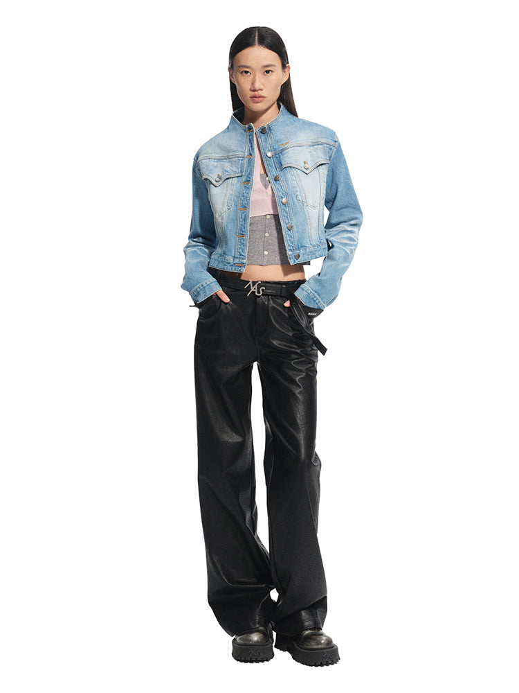Twill Denim Cat-Whisker Stand-Collar Cropped Jacket - CHINASQUAD