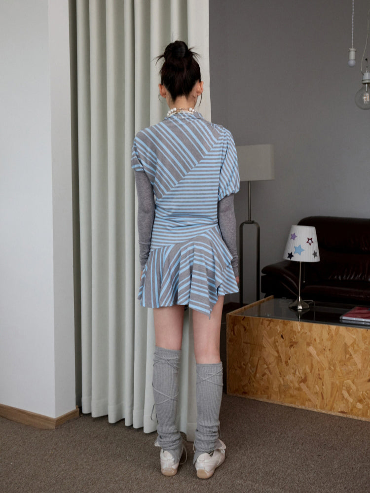 Blue-Gray Striped Irregular Patchwork Dress - CHINASQUAD