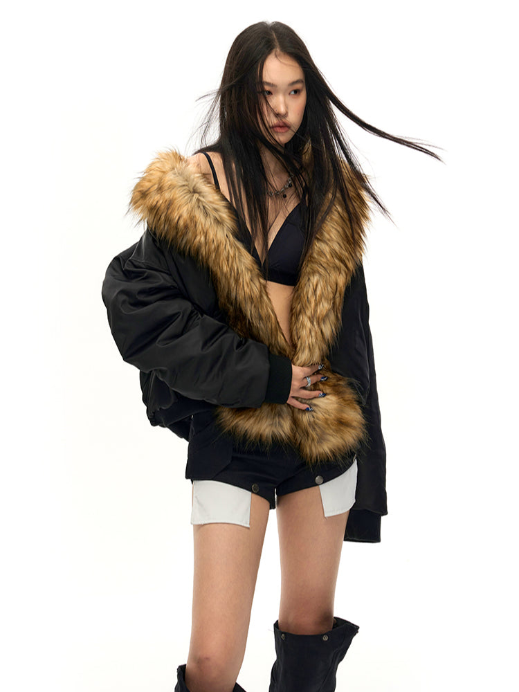 Fur Collar Oversized Down Flight Jacket - CHINASQUAD