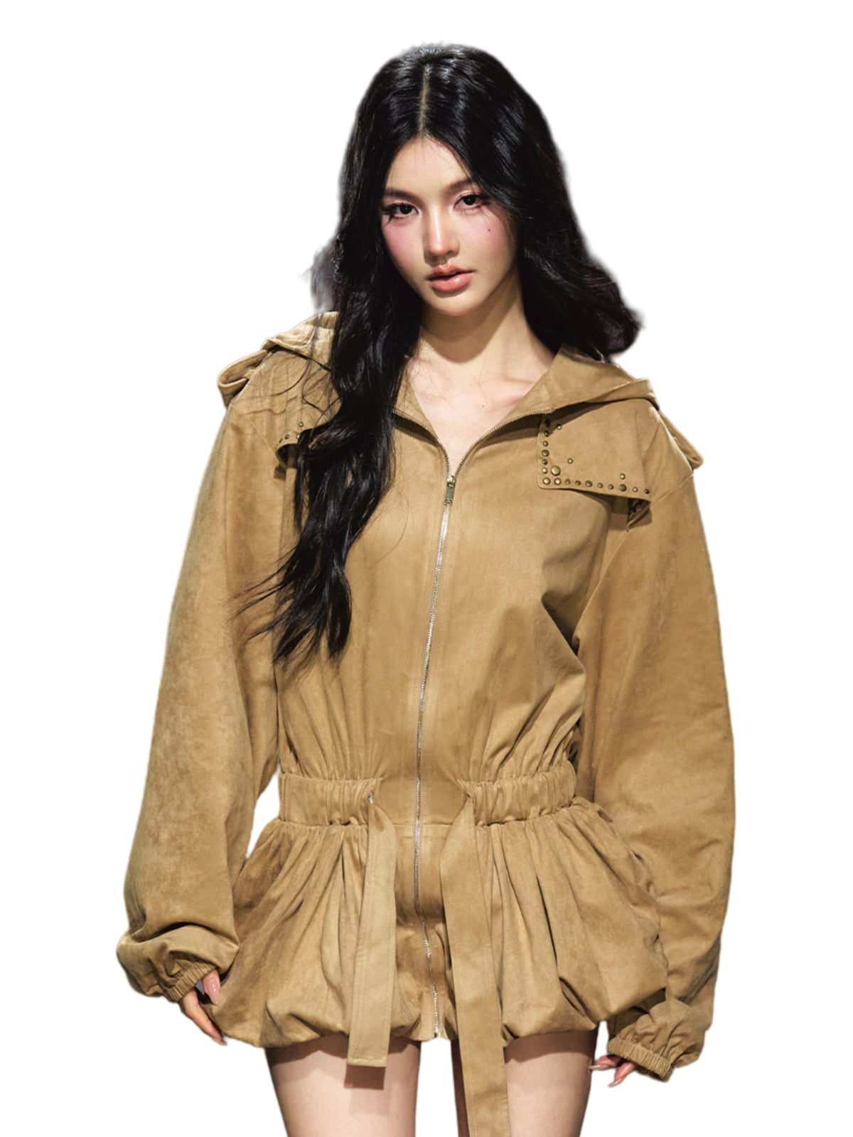 Studded Suede Hooded Trench Coat - CHINASQUAD