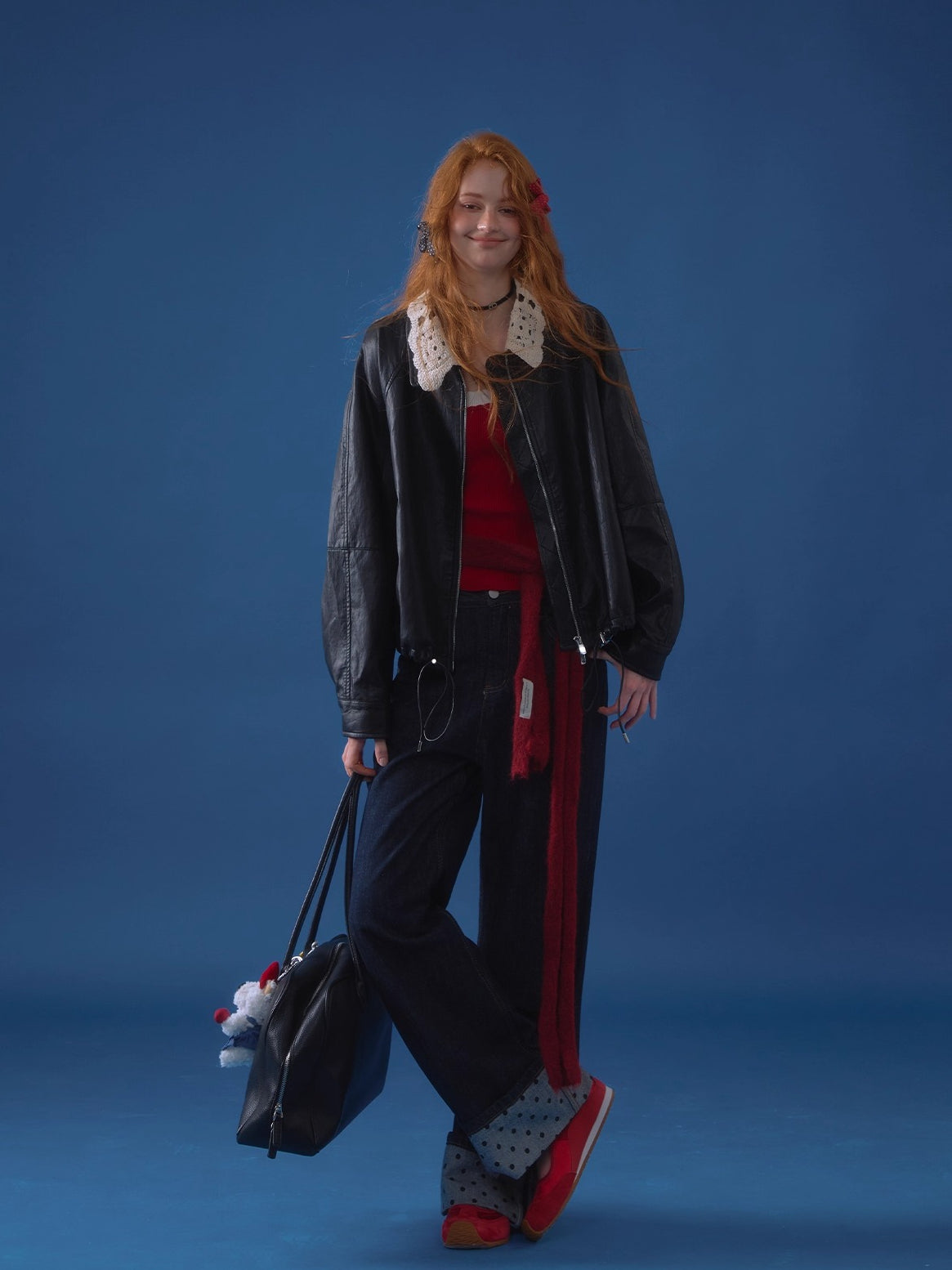 Contrast Cuff Polka Dot Denim Straight-Leg Jeans - CHINASQUAD