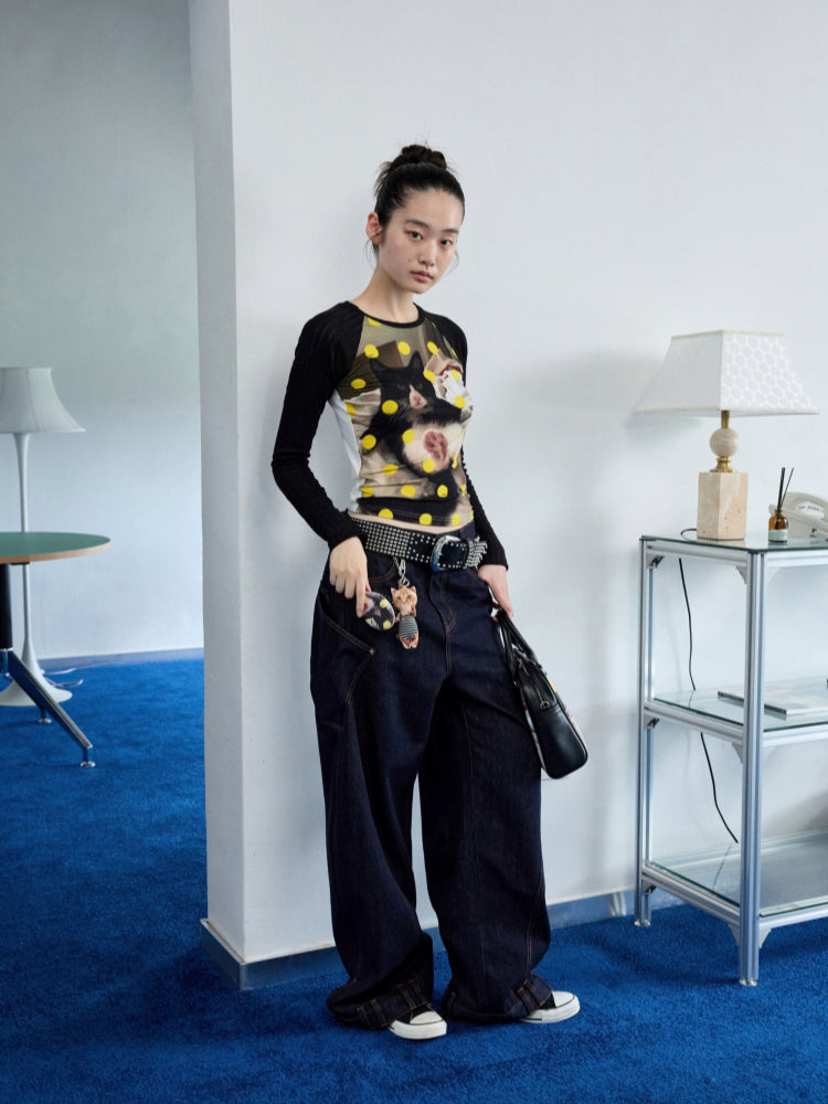 Cat Print Raglan Sleeve Color-Blocking T-Shirt - CHINASQUAD