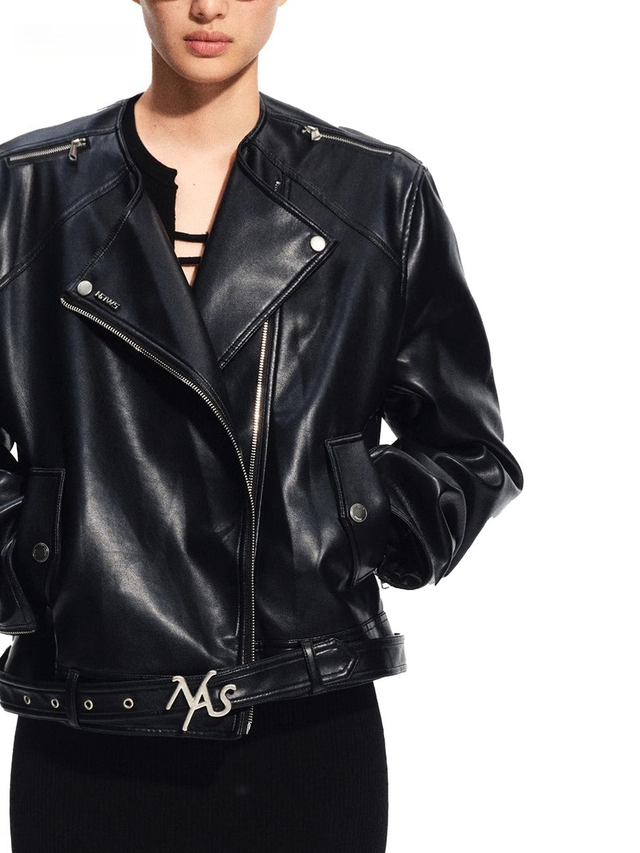 "Dejembe Series"Satin-Finish PU Leather Moto Jacket - CHINASQUAD