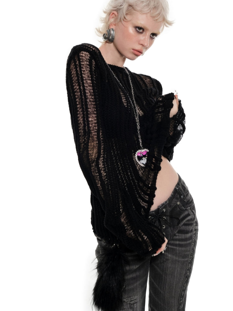 Black & Gray Hollow Knit Sweater - CHINASQUAD