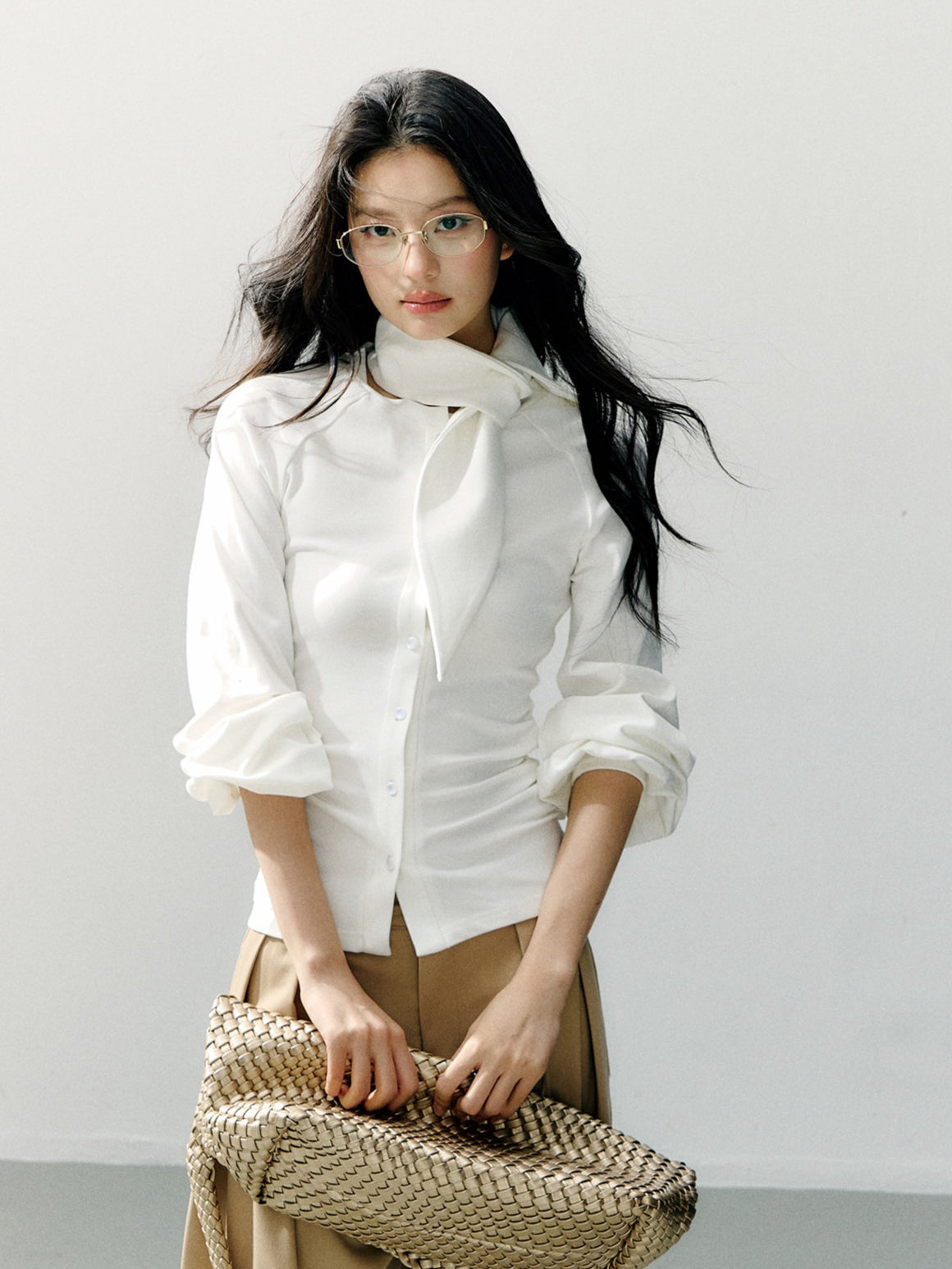 Scarf Collar Fitted Knit Long Sleeve Shirt
