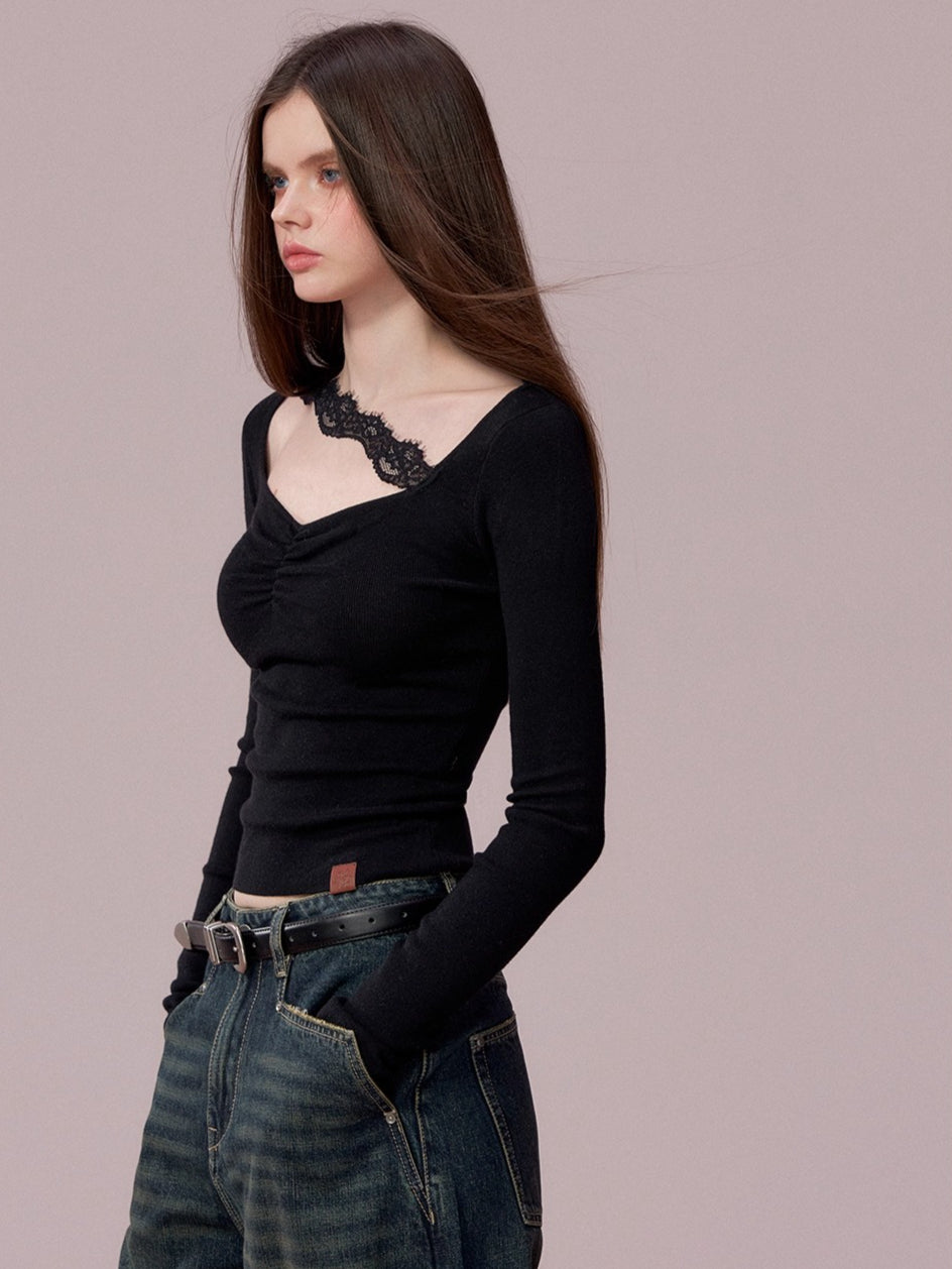 Ruched Lace-Trim Fitted Knit T-Shirt