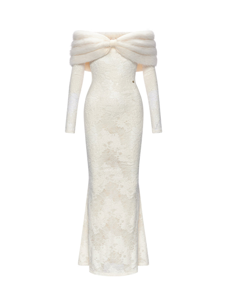 Cynthia Off-Shoulder Fur Collar Long Sleeve Lace Dress - CHINASQUAD