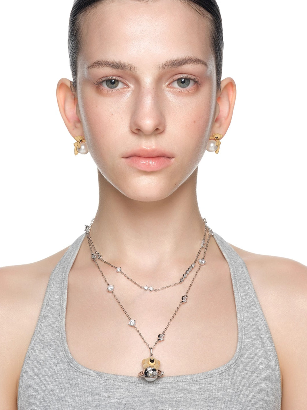 Flocked Bear Double Layer Necklace