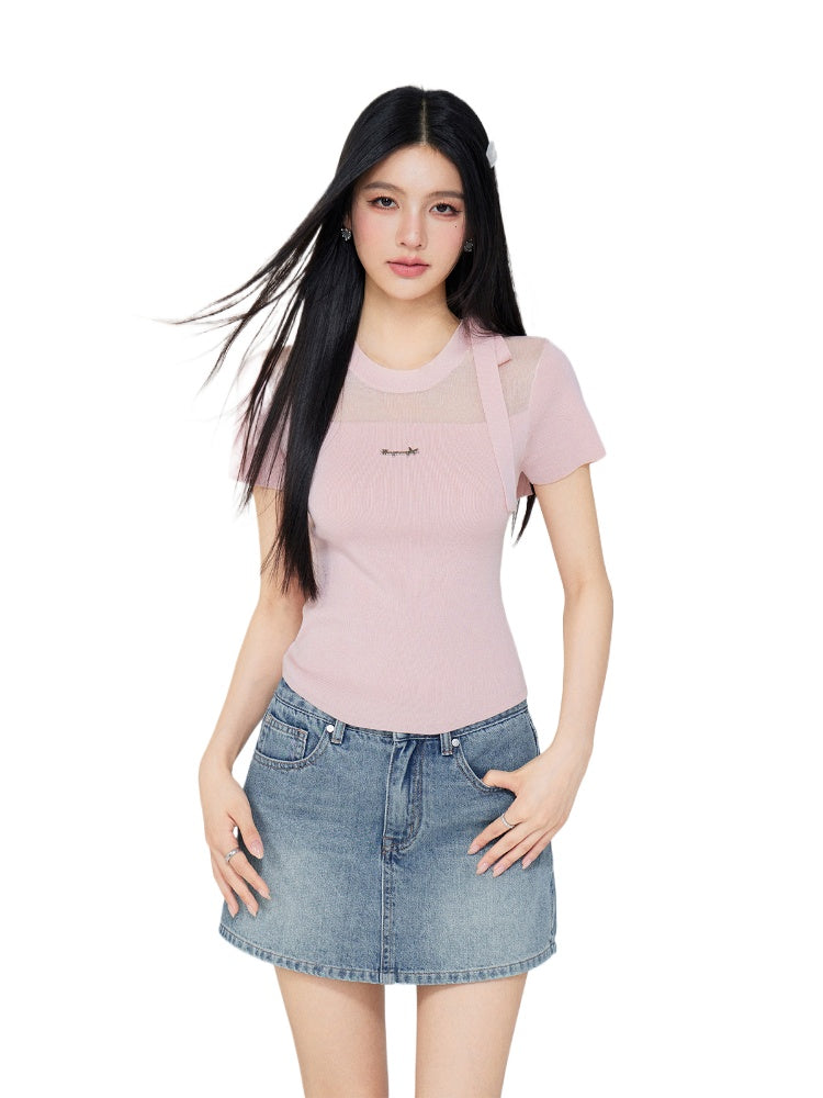 Hollow-out Tie-up Knit Round Neck Short Sleeve Top - CHINASQUAD