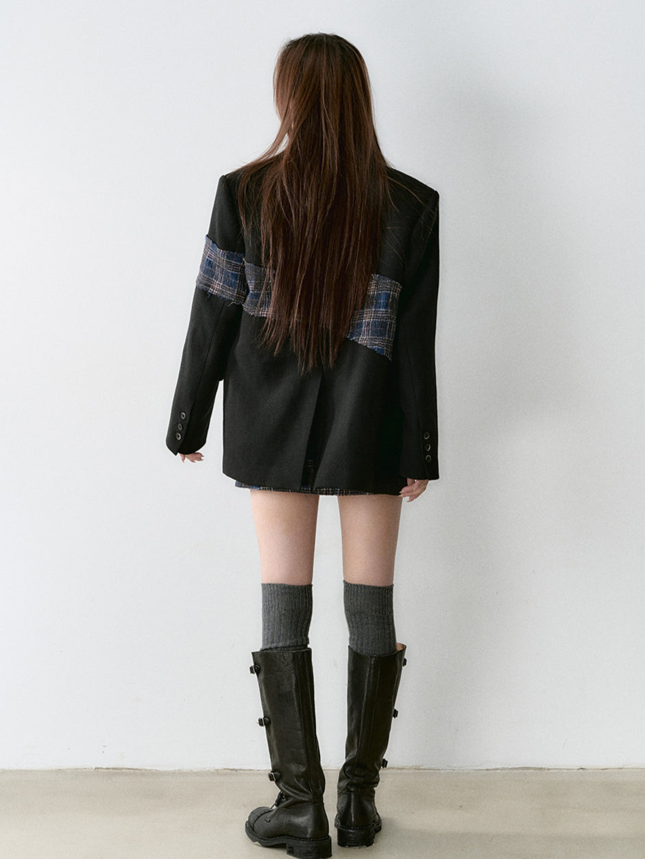 Wool Plaid Patchwork Mid-Length Coat - CHINASQUAD