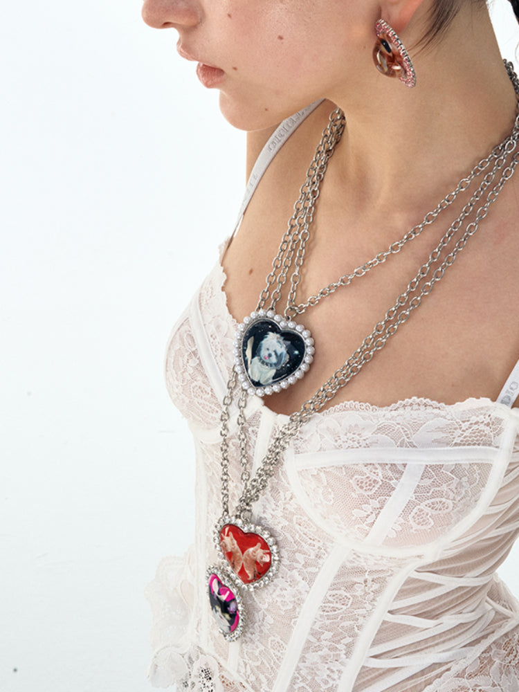 Large Heart Cat and Dog Long Necklace - CHINASQUAD