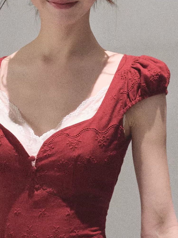 Cotton Bohemian Sash-Red Resort Tea Dress