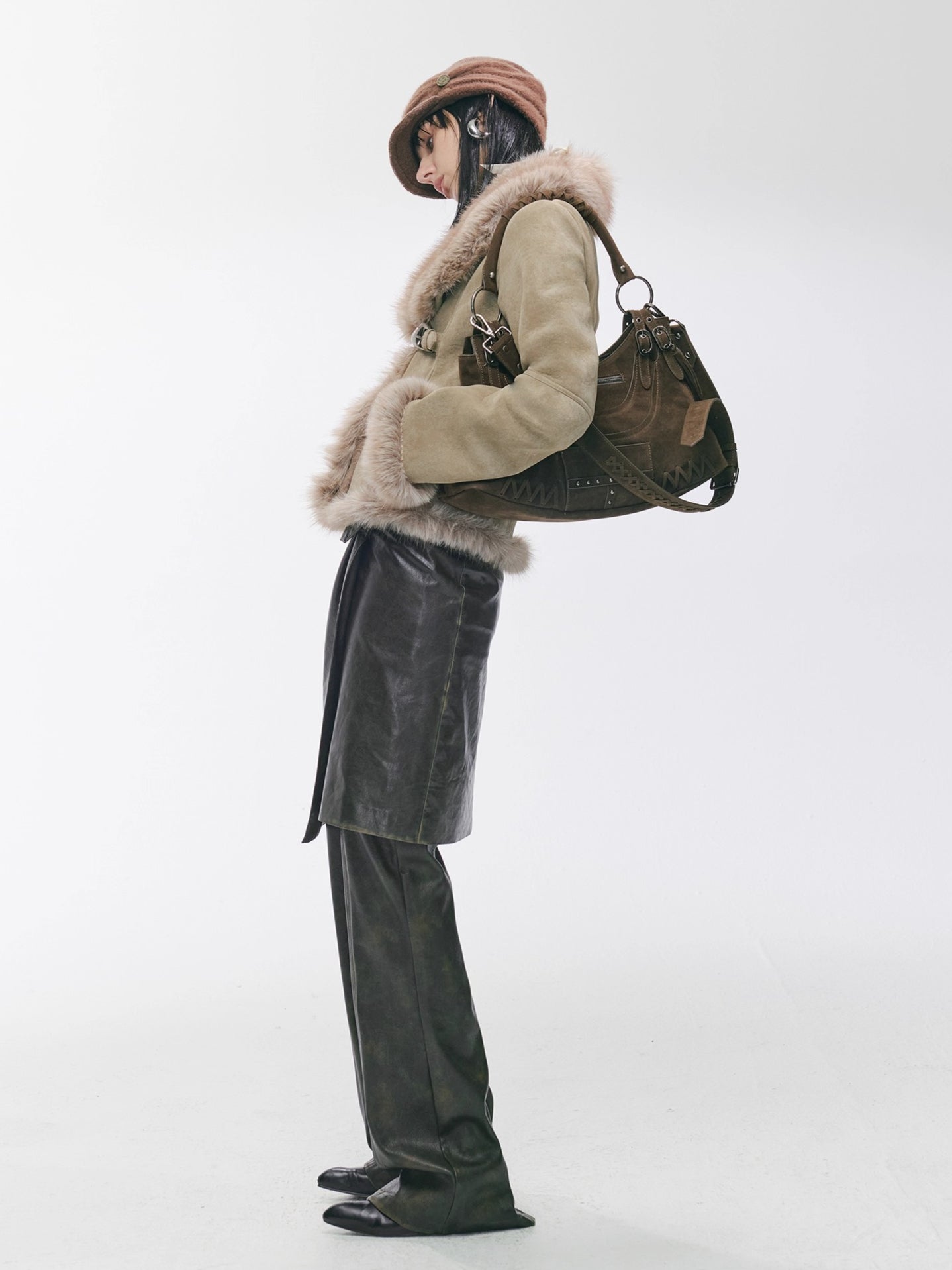 Vintage Asymmetric Shearling-Effect Suede Jacket