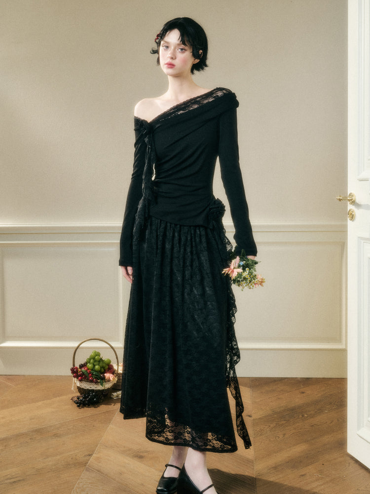 Lace Floral Asymmetrical Off-Shoulder Top & Skirt Set - CHINASQUAD