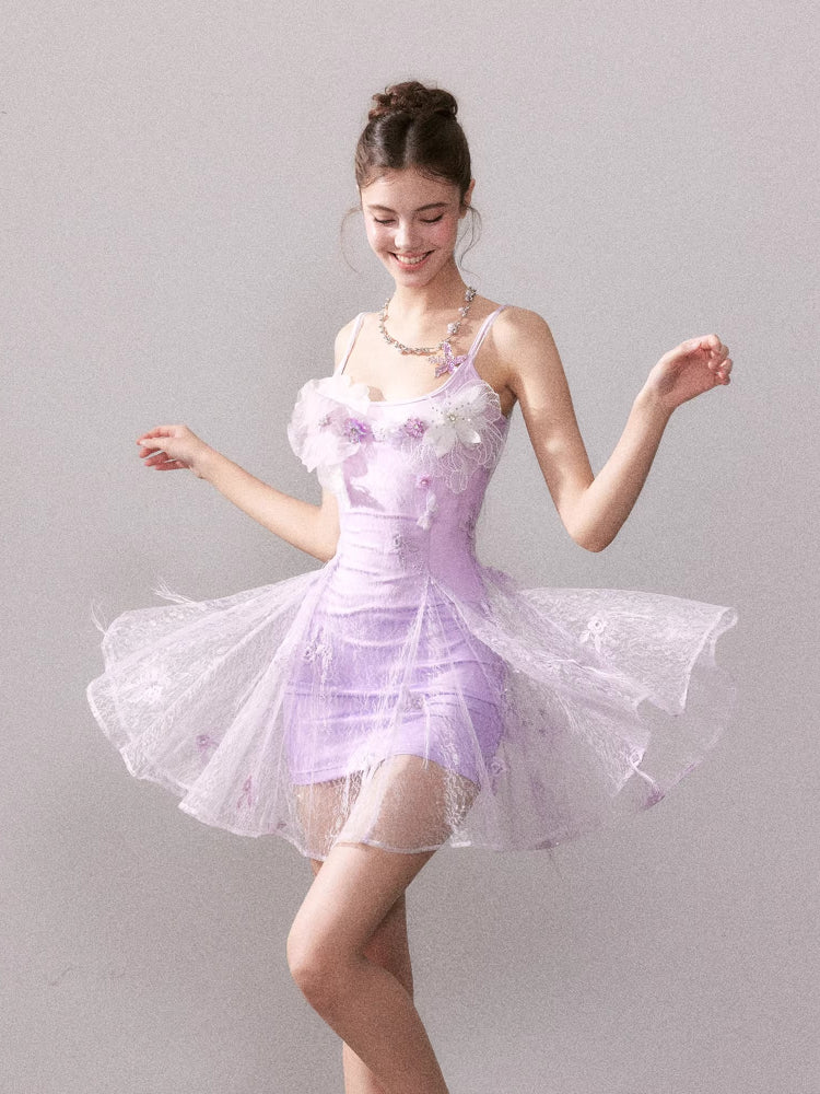 Purple Gradient Embroidered Lace Dress - CHINASQUAD