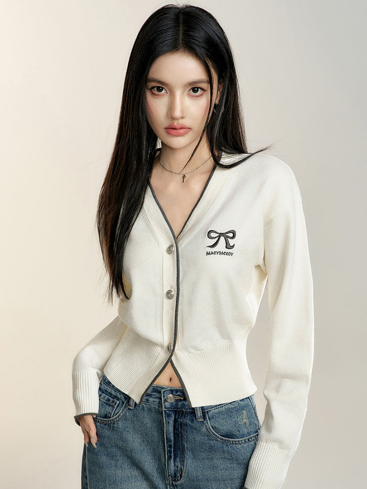 White V-neck Cropped Cardigan - CHINASQUAD