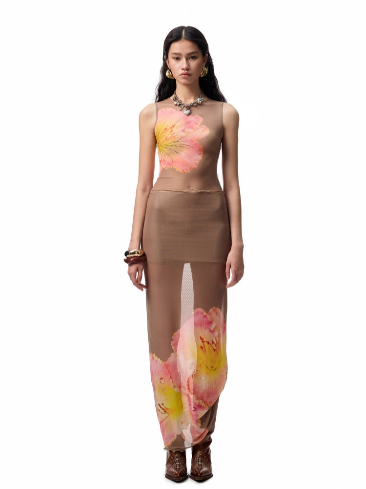 Floral Print Rhinestone Mesh Vest - CHINASQUAD