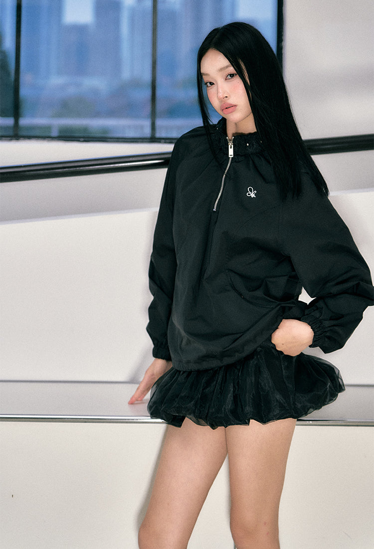 Flower Bud Zipper Jacket & Mesh Skirt Set - CHINASQUAD