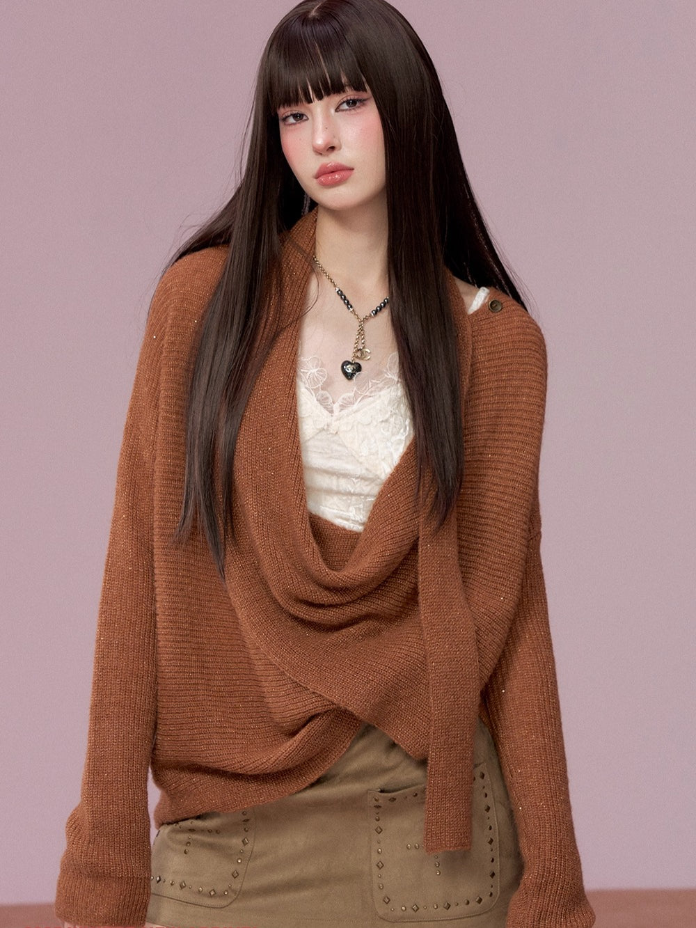 Shimmer Drape-Neck Sweater