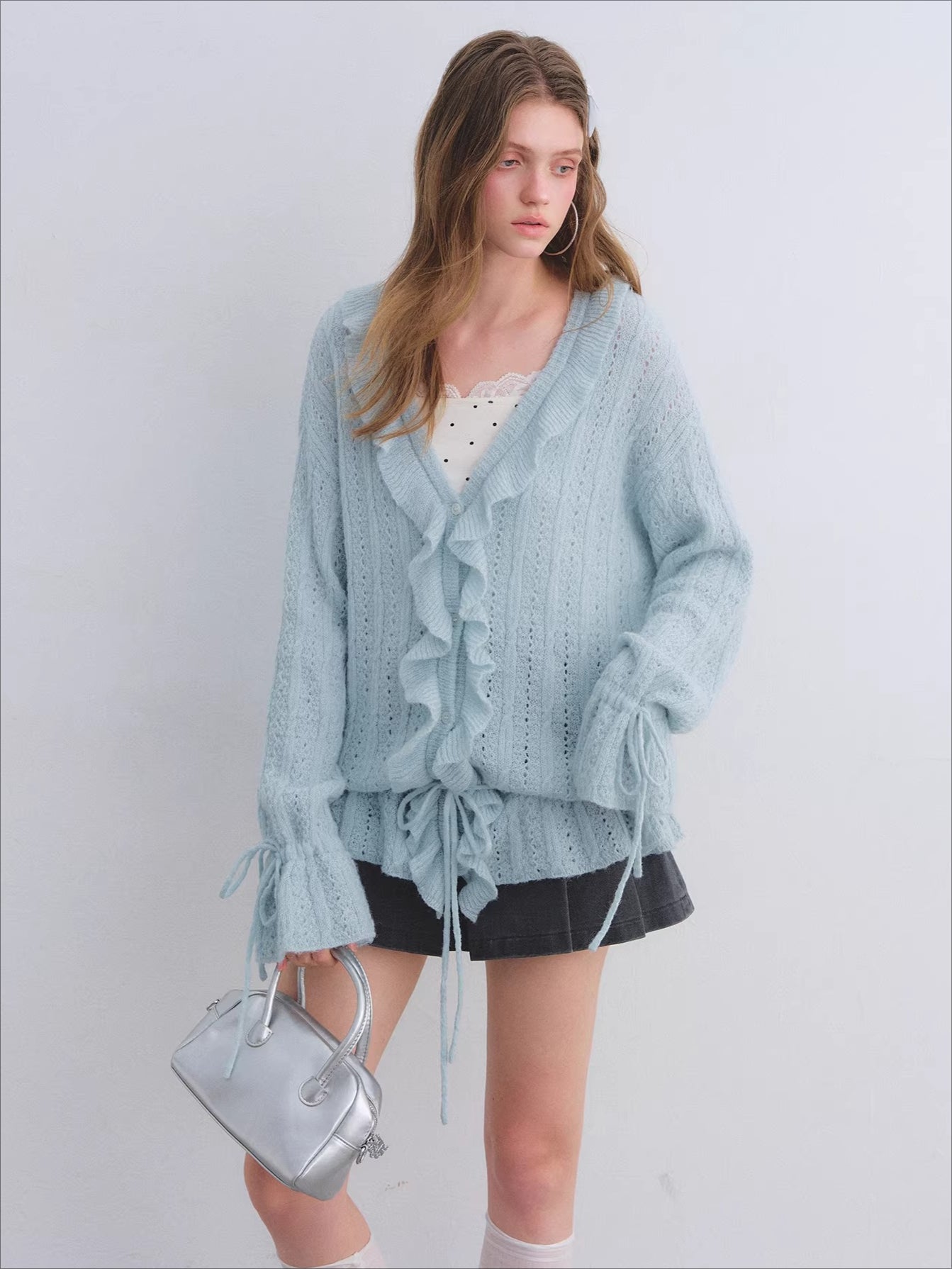 Wool Mohair Drawstring Waist Cardigan