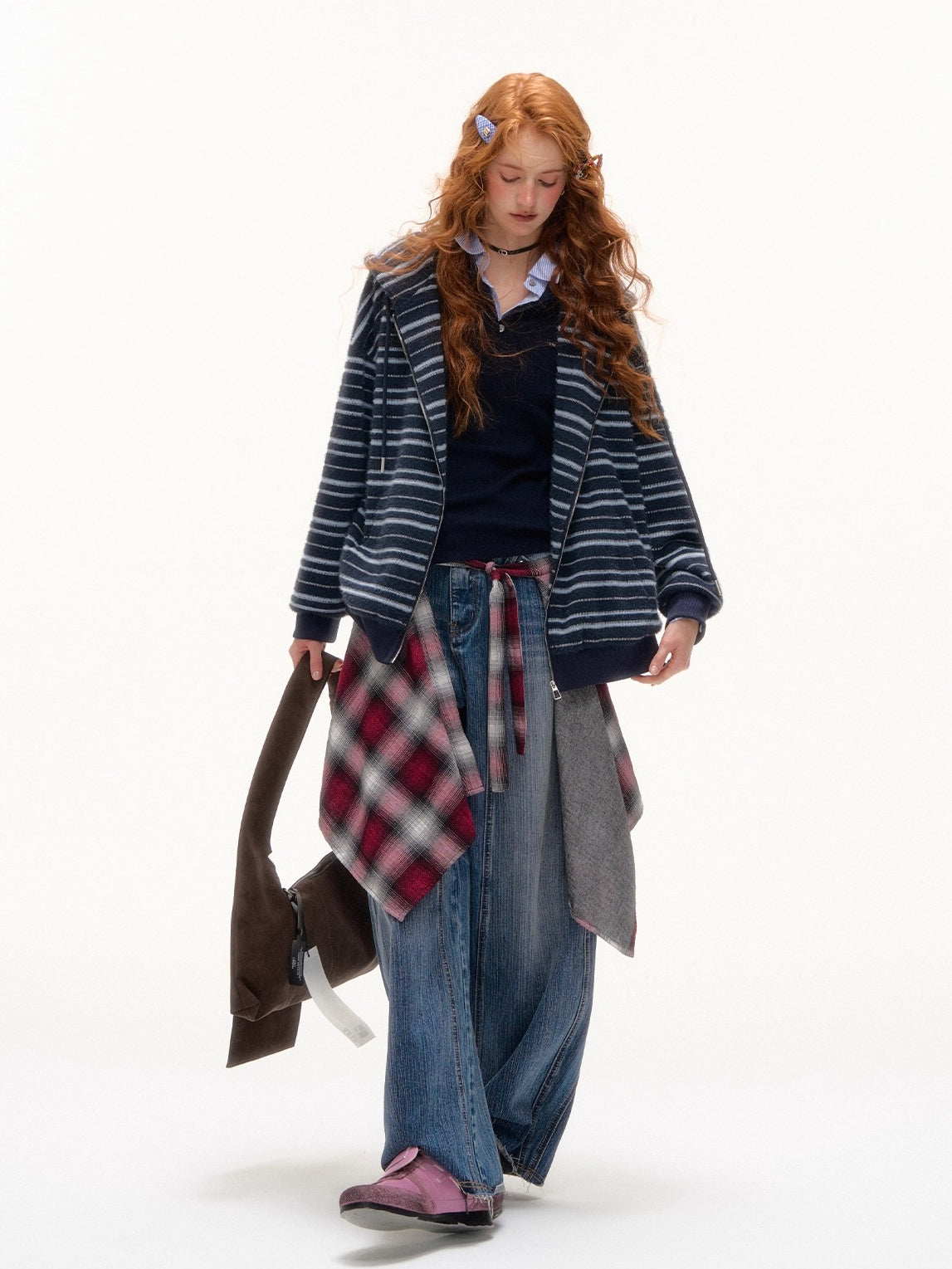 Striped Plush Cat-Ear Zip-up Hoodie - CHINASQUAD