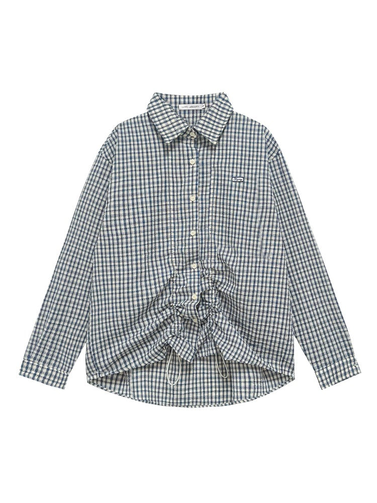 Checkered Contrast Hem Drawstring Pleated Shirt - CHINASQUAD