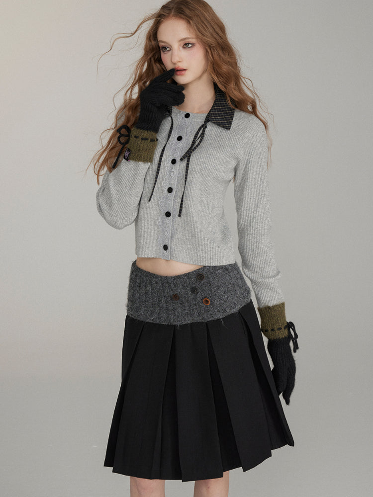 Two-Way Detachable Plaid Cropped Knit Sweater - CHINASQUAD