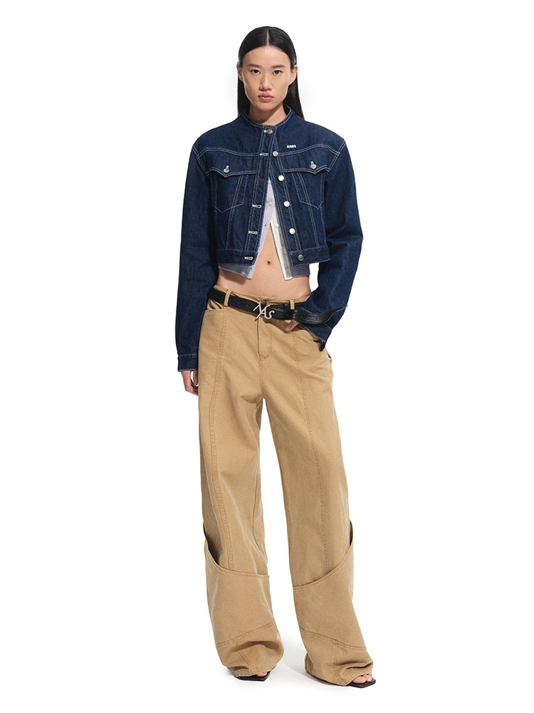 Denim Stand-Collar Regular Shoulder Cropped Jacket - CHINASQUAD