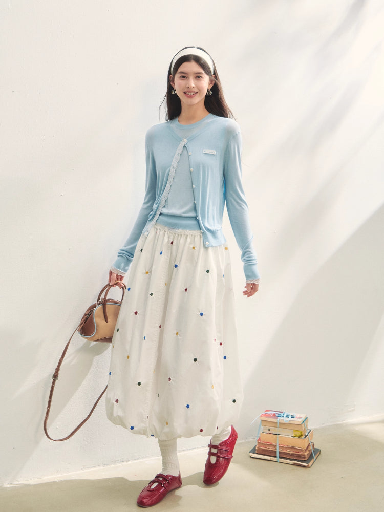 Lace Trimmed Crew Neck Knitted Cardigan Set - CHINASQUAD