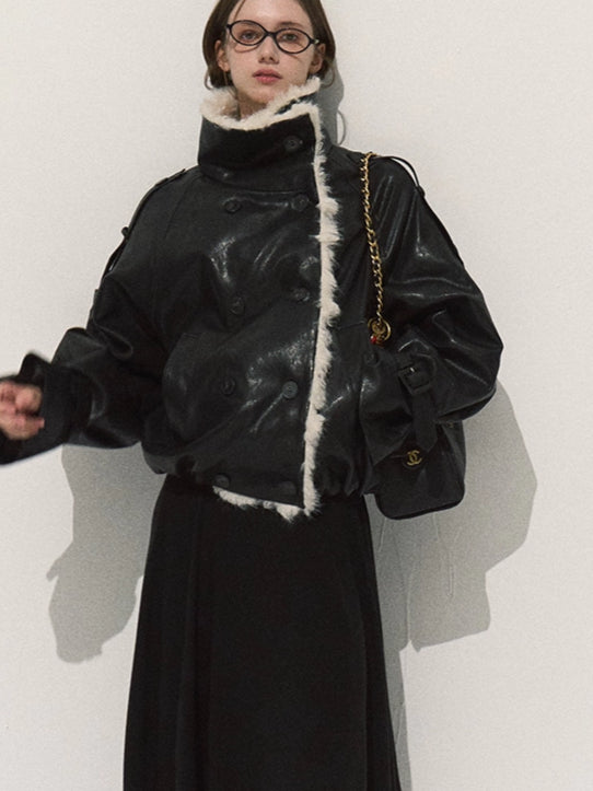 Shearling-Style Short Leather Jacket