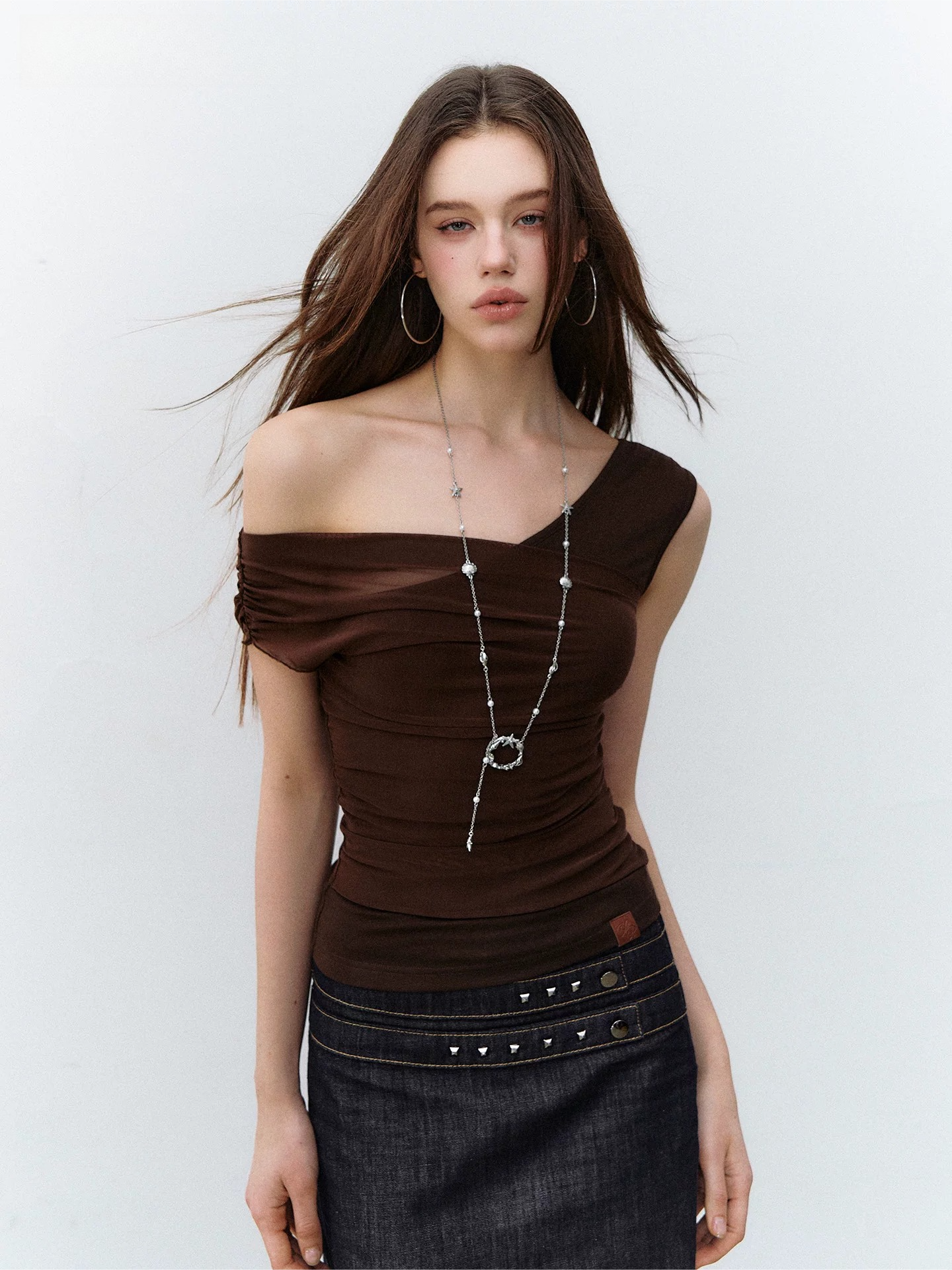 Asymmetric Mesh Panel Layered Slim-Fit Top
