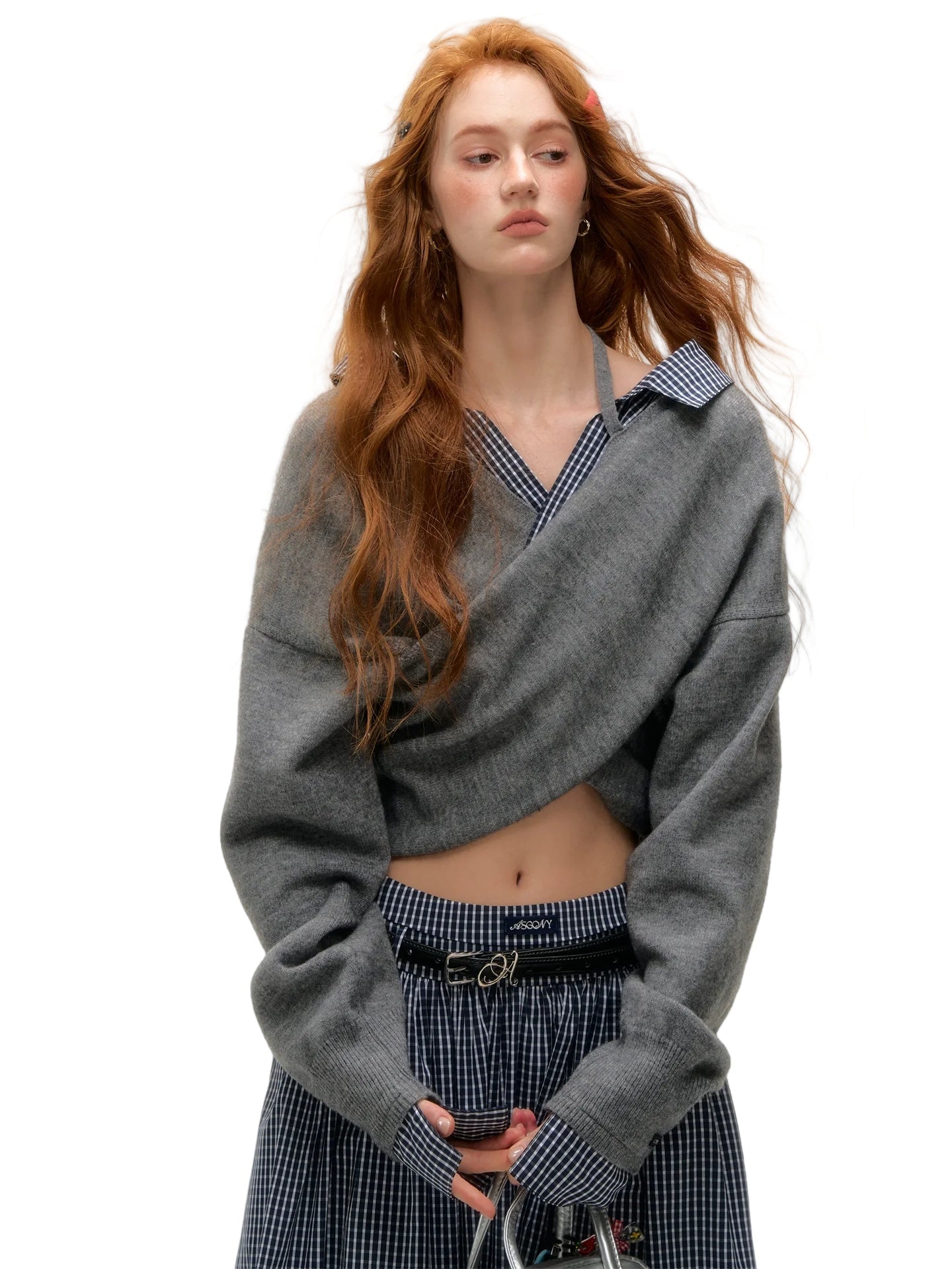 Off-Shoulder Plaid Panel Cross Sweatshirt - CHINASQUAD