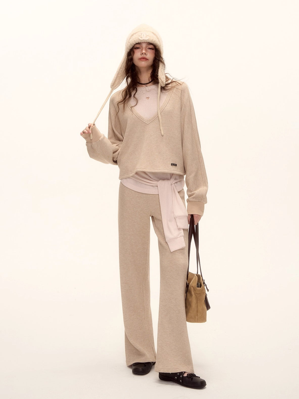 Waffle Knit V-Neck Pullover & Tank Top & Wide-Leg Pants Set