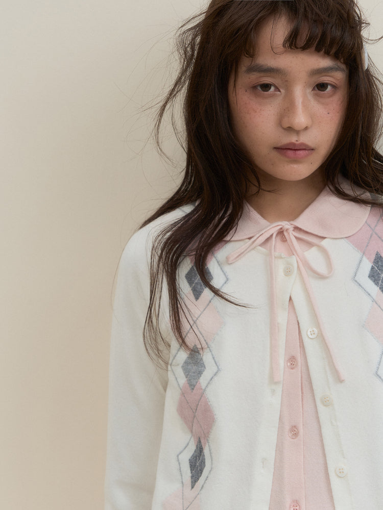Faux Two-Piece Pink and White Argyle Knit - CHINASQUAD