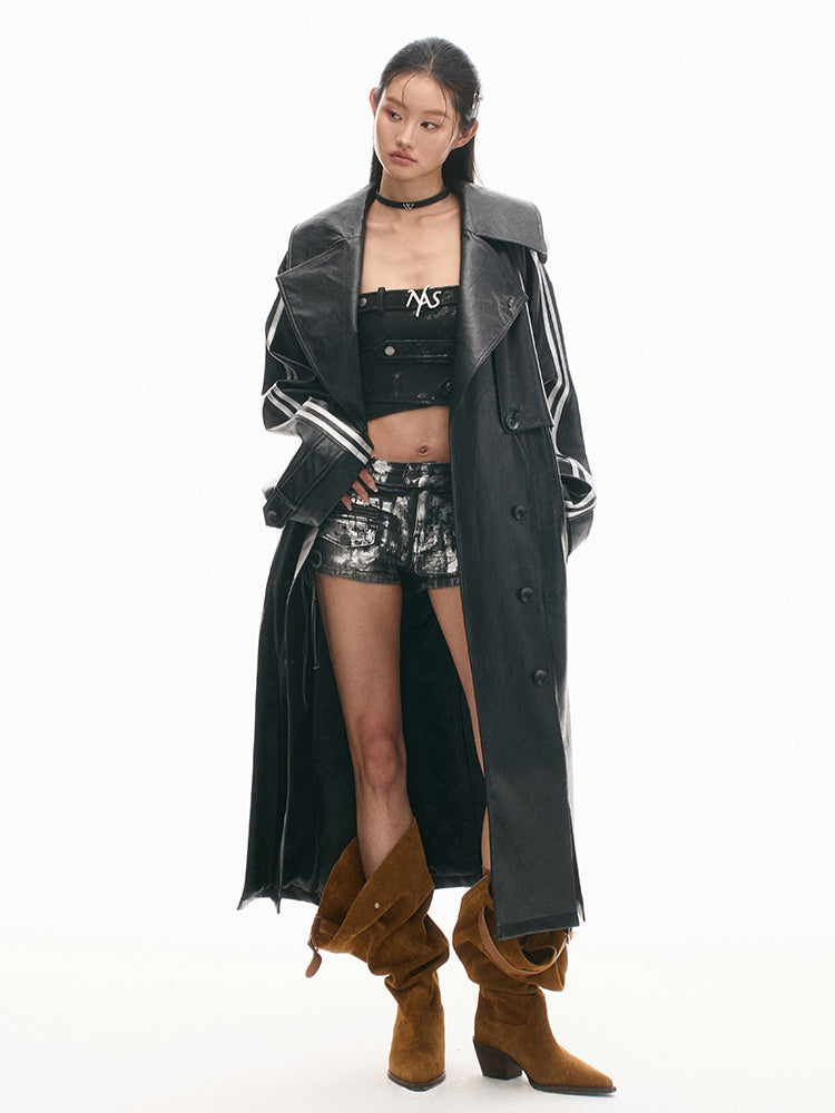 Textured Relaxed Fit Leather Trench Coat - CHINASQUAD