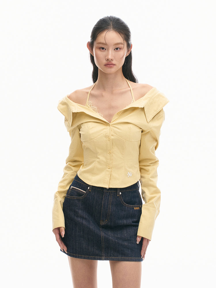 Two-in-One Off-Shoulder Slim-Fit Long-Sleeve Cotton Shirt - CHINASQUAD