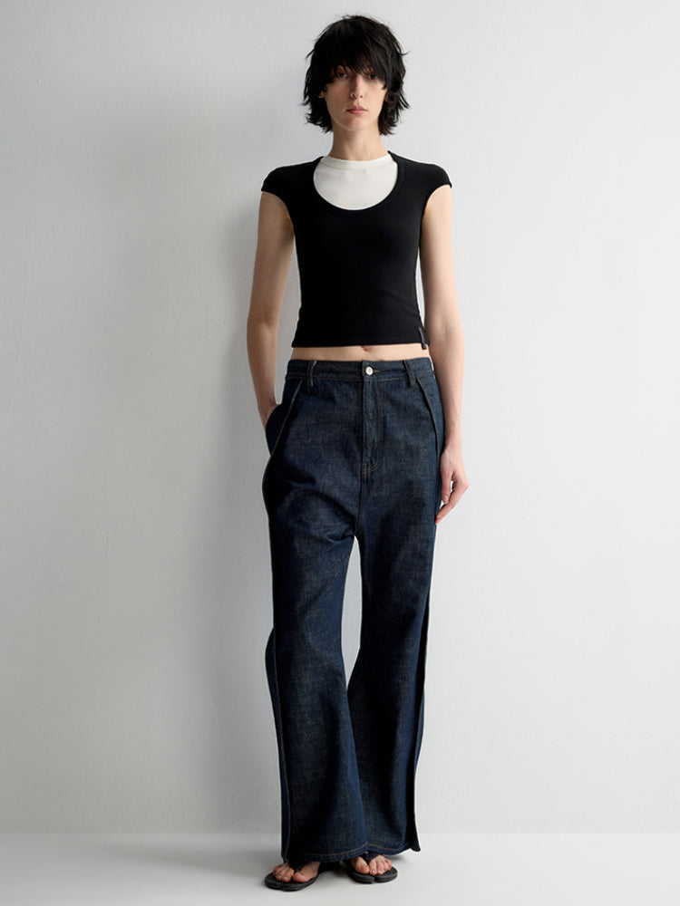 Structured Low Rise Drop-Crotch Flared Jeans - CHINASQUAD