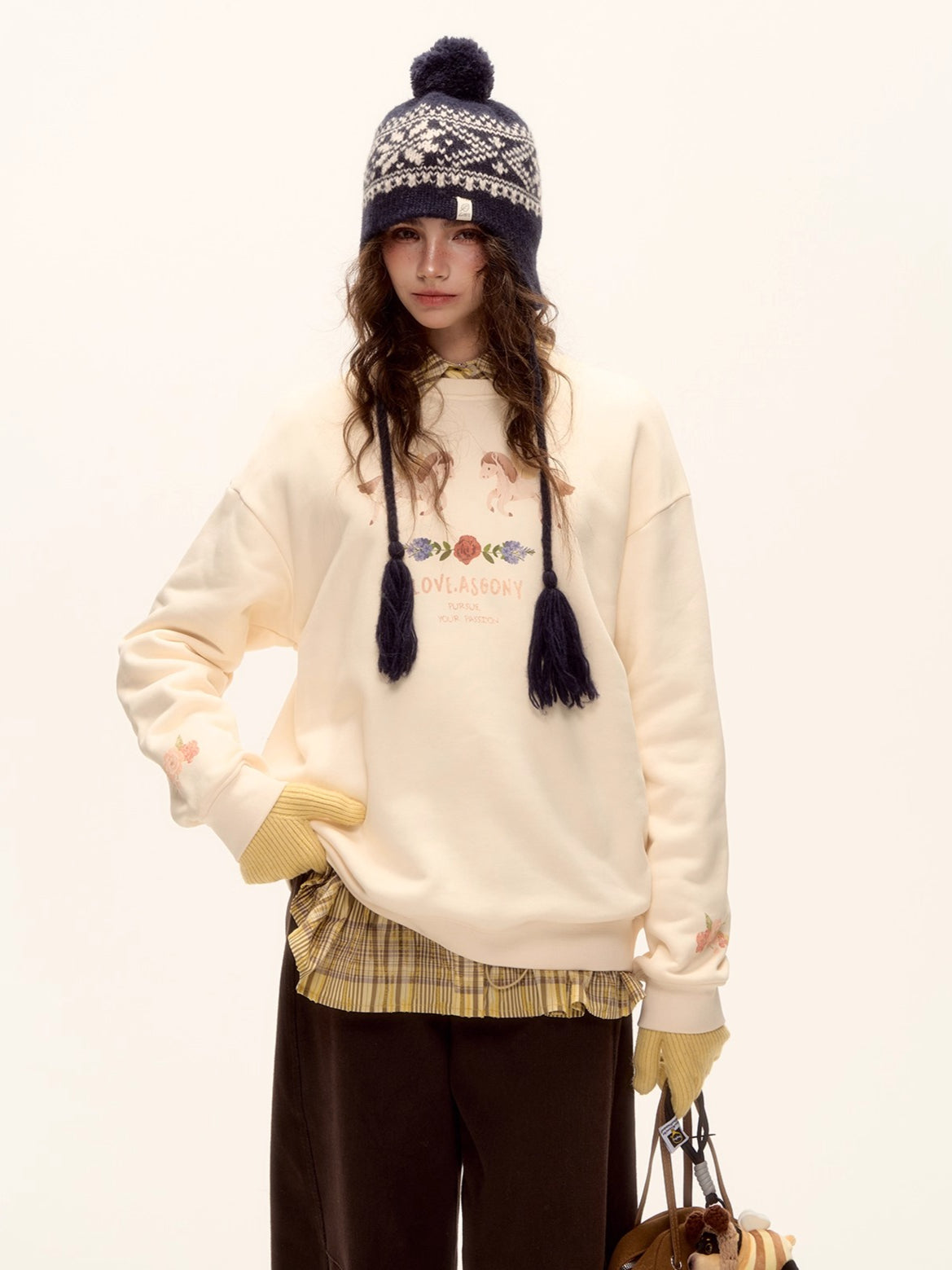 Floral Pony Print Fleece-Lined Pullover Sweatshirt