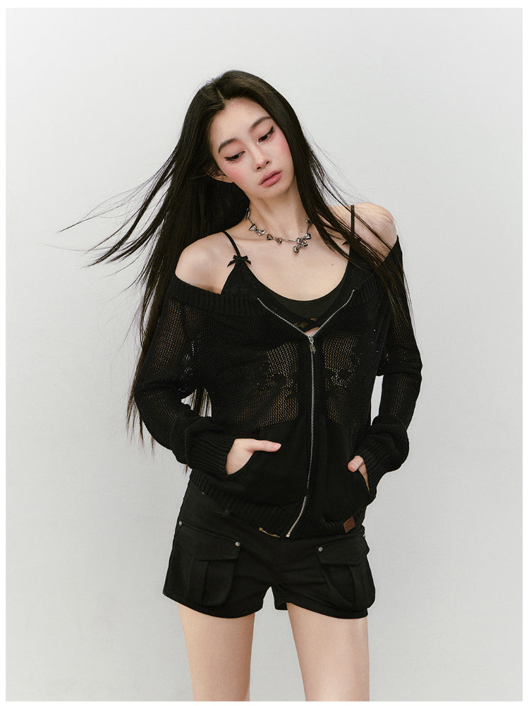 Knitted Floral Convertible Hollow-out Coat - CHINASQUAD