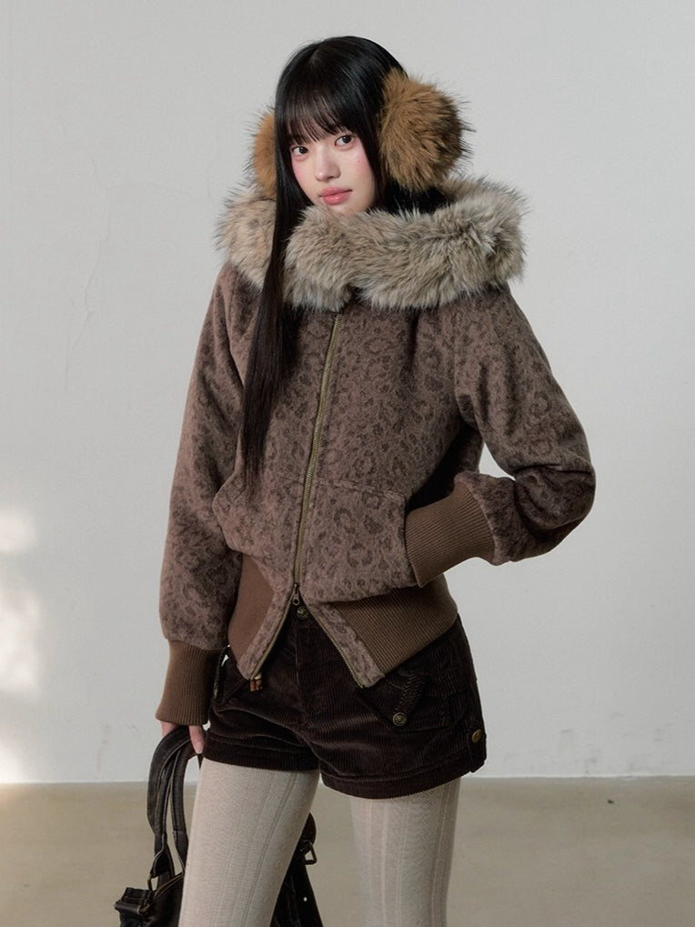 Vintage Leopard Print Faux Fur Hooded Jacket
