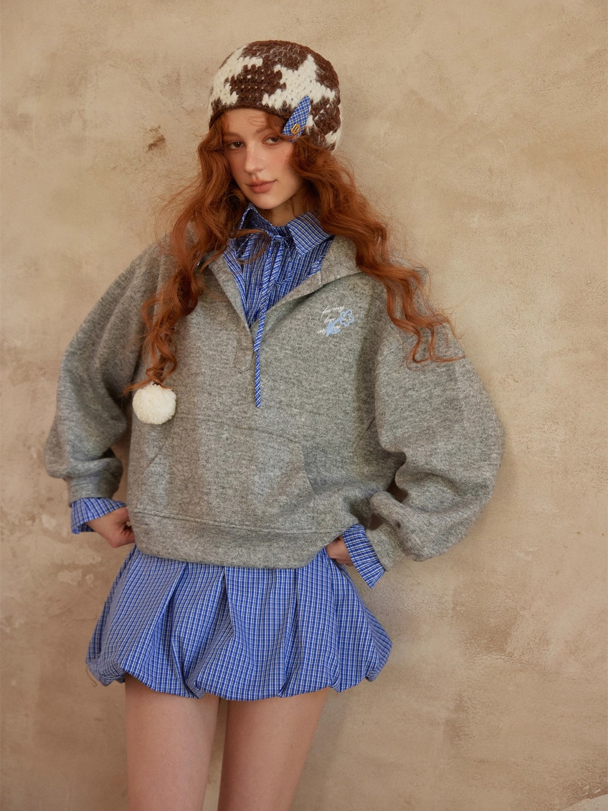 Three-Piece Set Plaid Patchwork Layered Sweatshirt & Bottom Set - CHINASQUAD