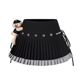 Rhinestone-Embellished Double-Layer Pleated Mini Skirt