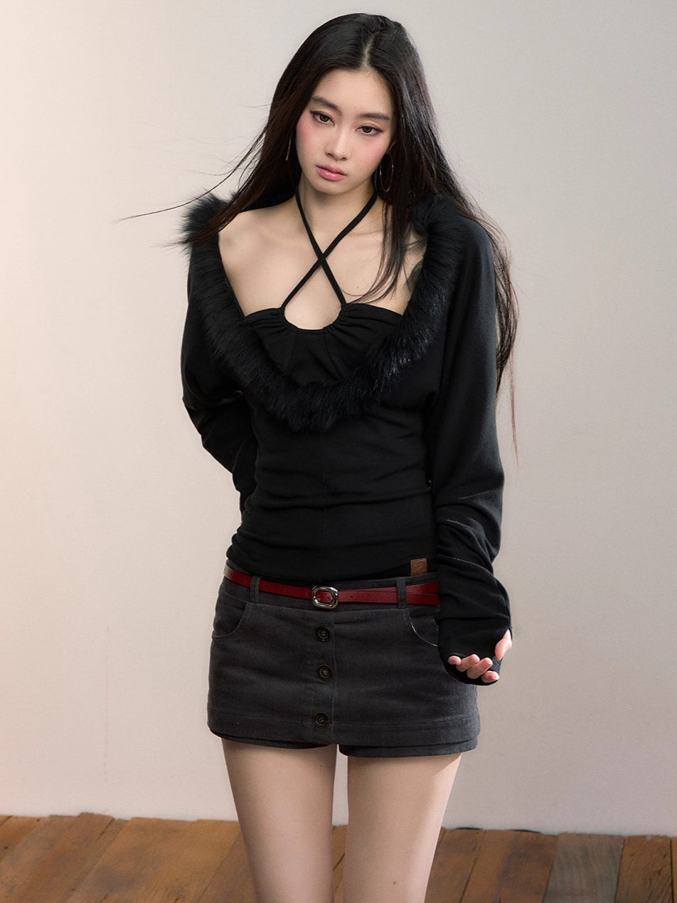 Fox Fur Panel Layered Knit V-neck